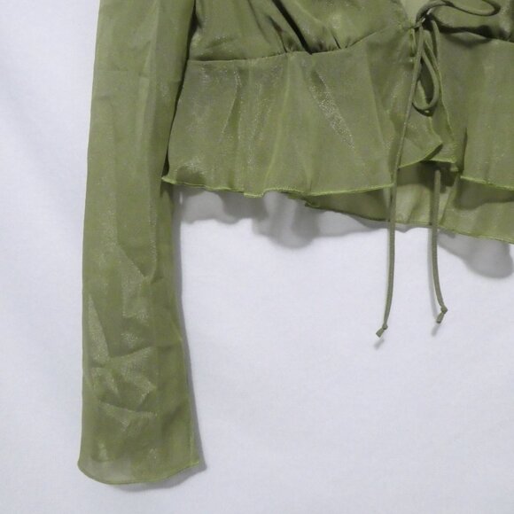 SHEIN | medium | Elegant Green V-Neck Sheer Blouse With Tie / Lace-Up Detail - Picture 6 of 15